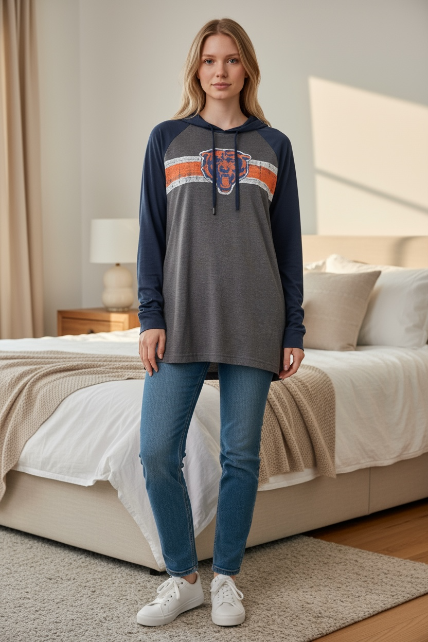 Chicago Bears Women's '47 Grey and Navy Long Sleeve Hoodie