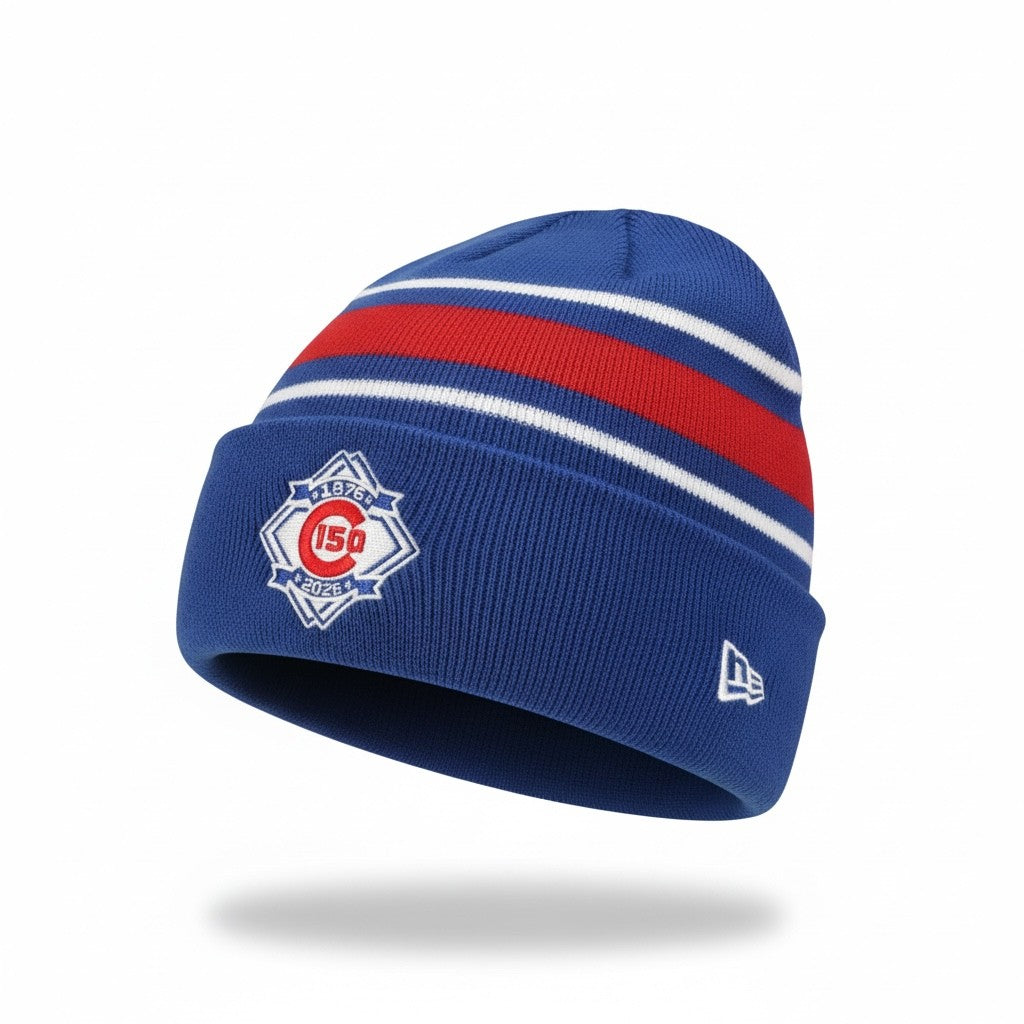 Chicago Cubs New Era Royal/Red/White 150th Anniversary Cuffed Knit Beanie