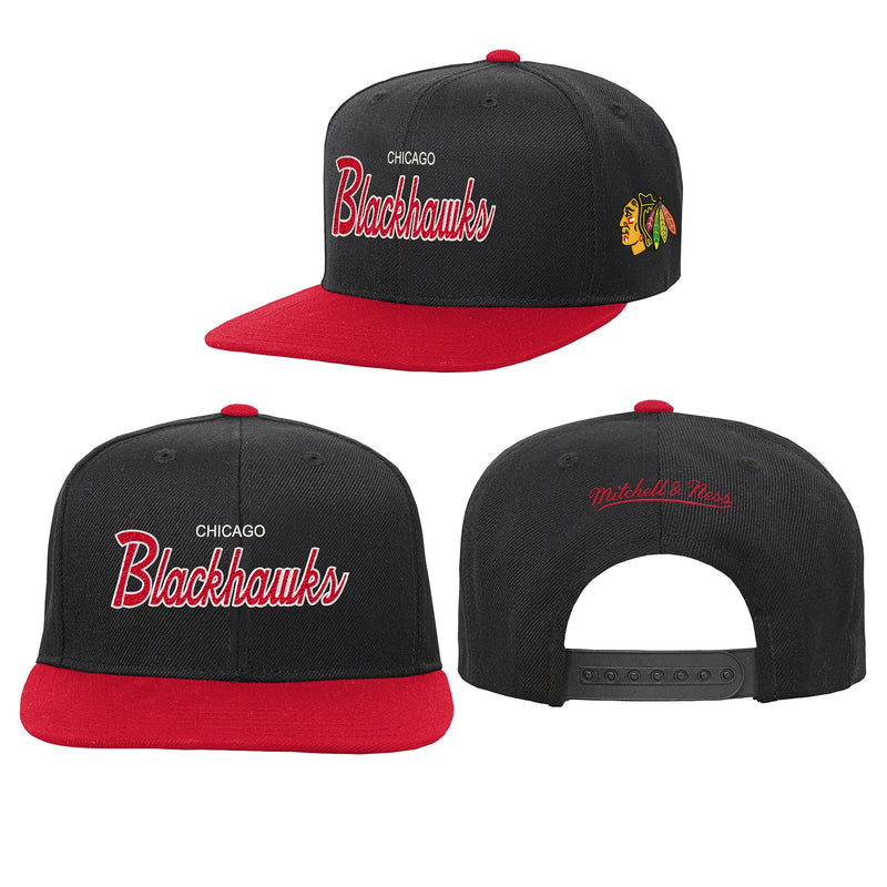 Chicago Blackhawks Black/Red Mitchell & Ness Script Youth Snapback Hat