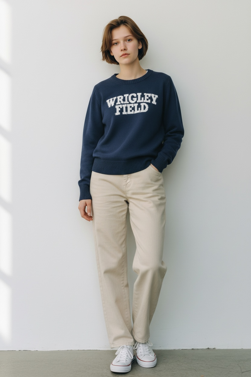Wrigley Field Pearls & Camo Women's Navy Crew Neck Sweater