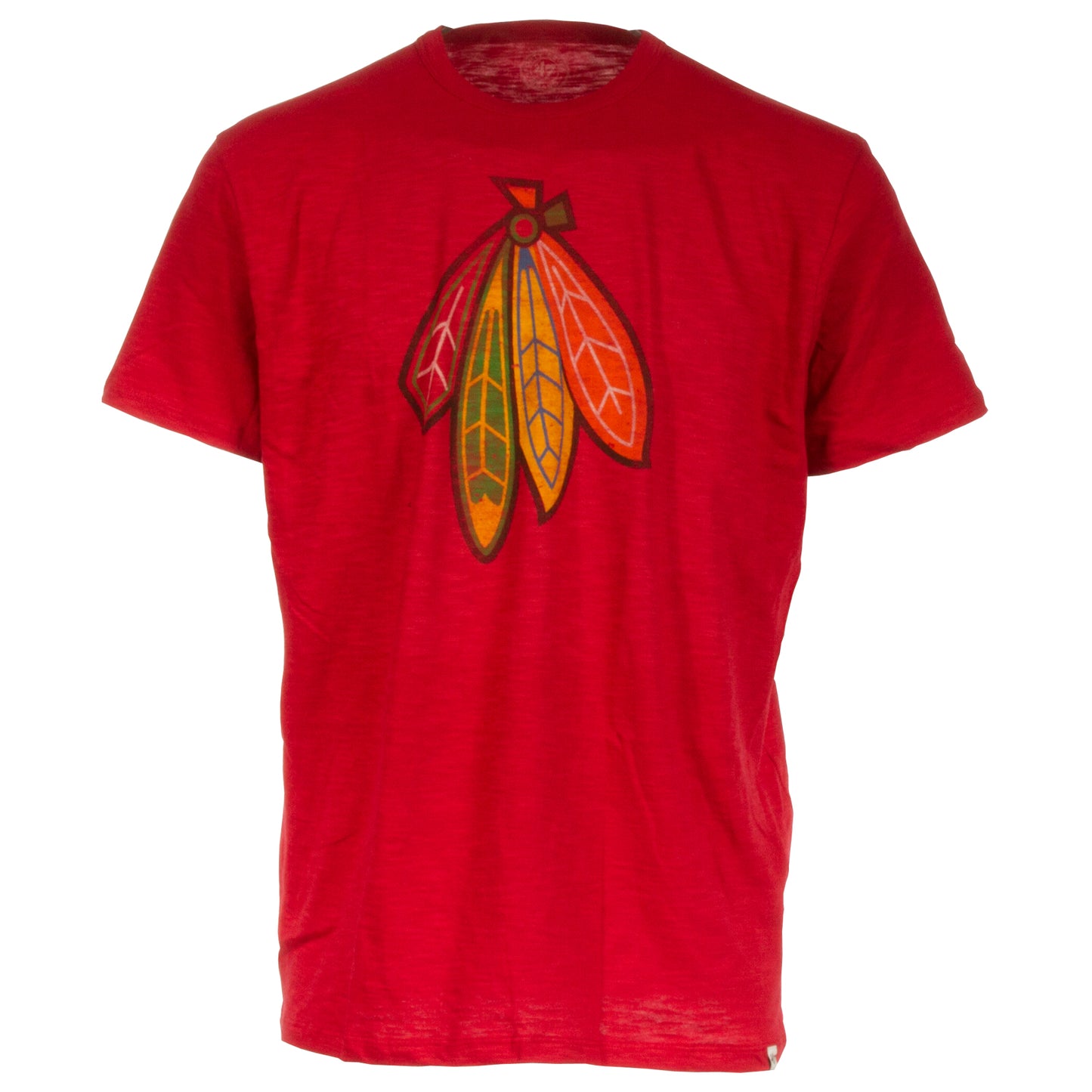 Chicago Blackhawks Men's Heather Light Blue Distressed Red, Black, and White Tomahawks Logo Tri-Blend Tee
