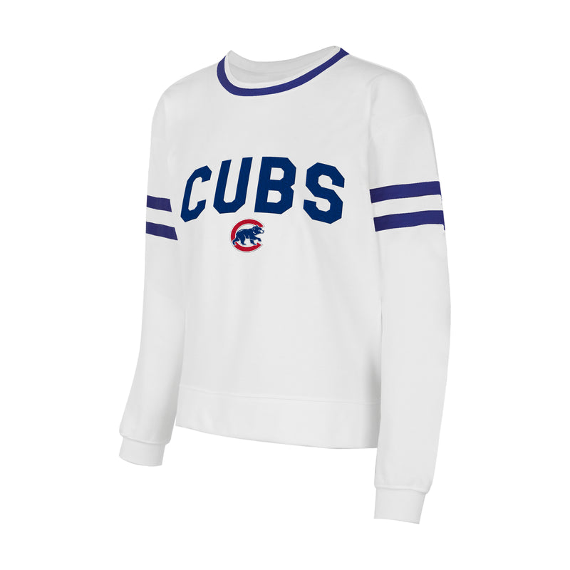 Chicago Cubs White Ladies Borough Striped Crew Neck Sweatshirt