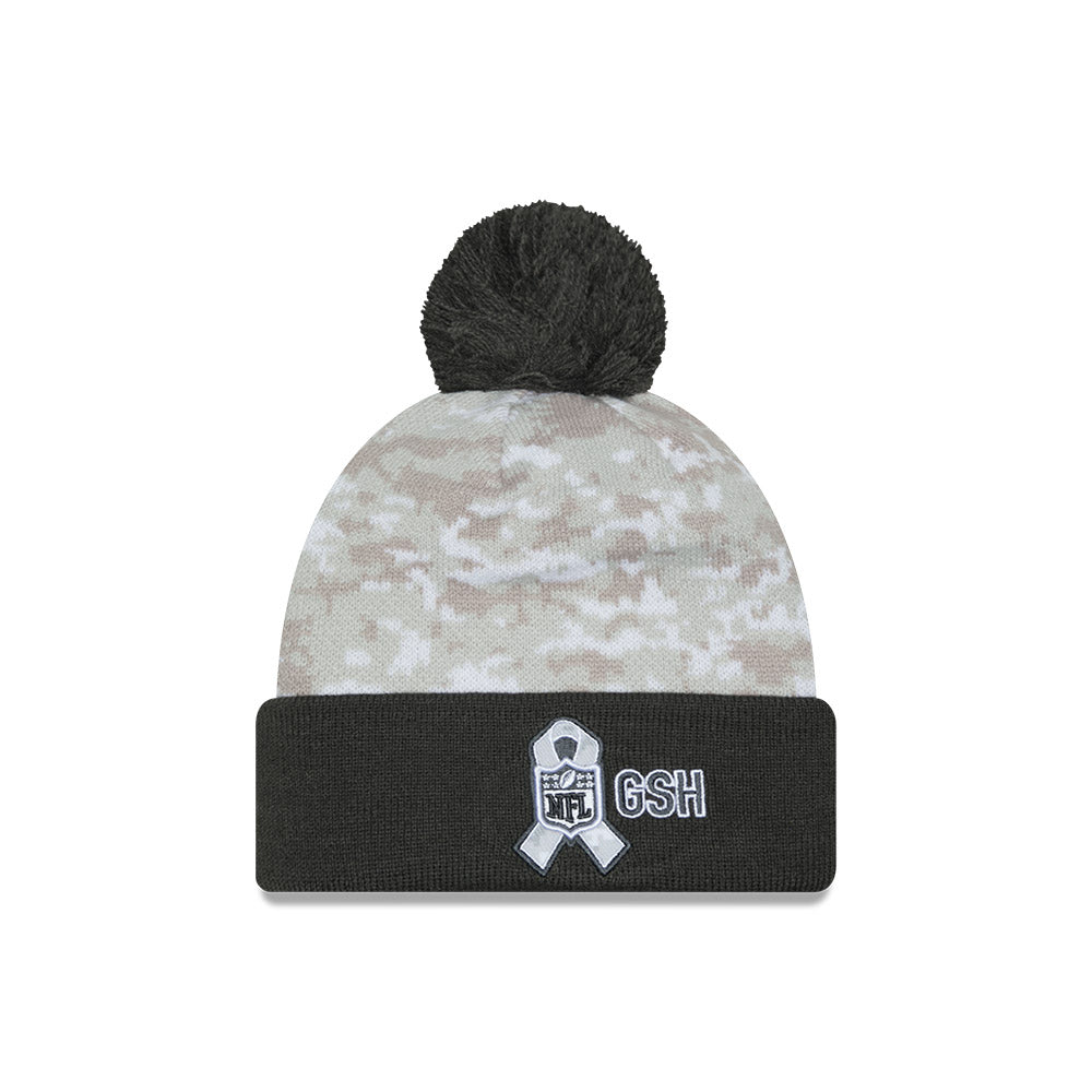 Chicago Bears New Era 2024 Salute To Service White/Graphite Digital Camo Cuffed Knit Hat with Pom