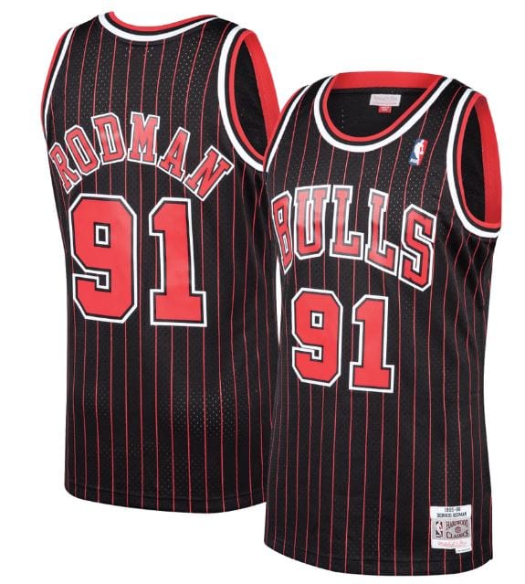 Dennis Rodman Chicago Bulls Mitchell & Ness Black/Red Pinstripe Swingman 1995 Jersey
