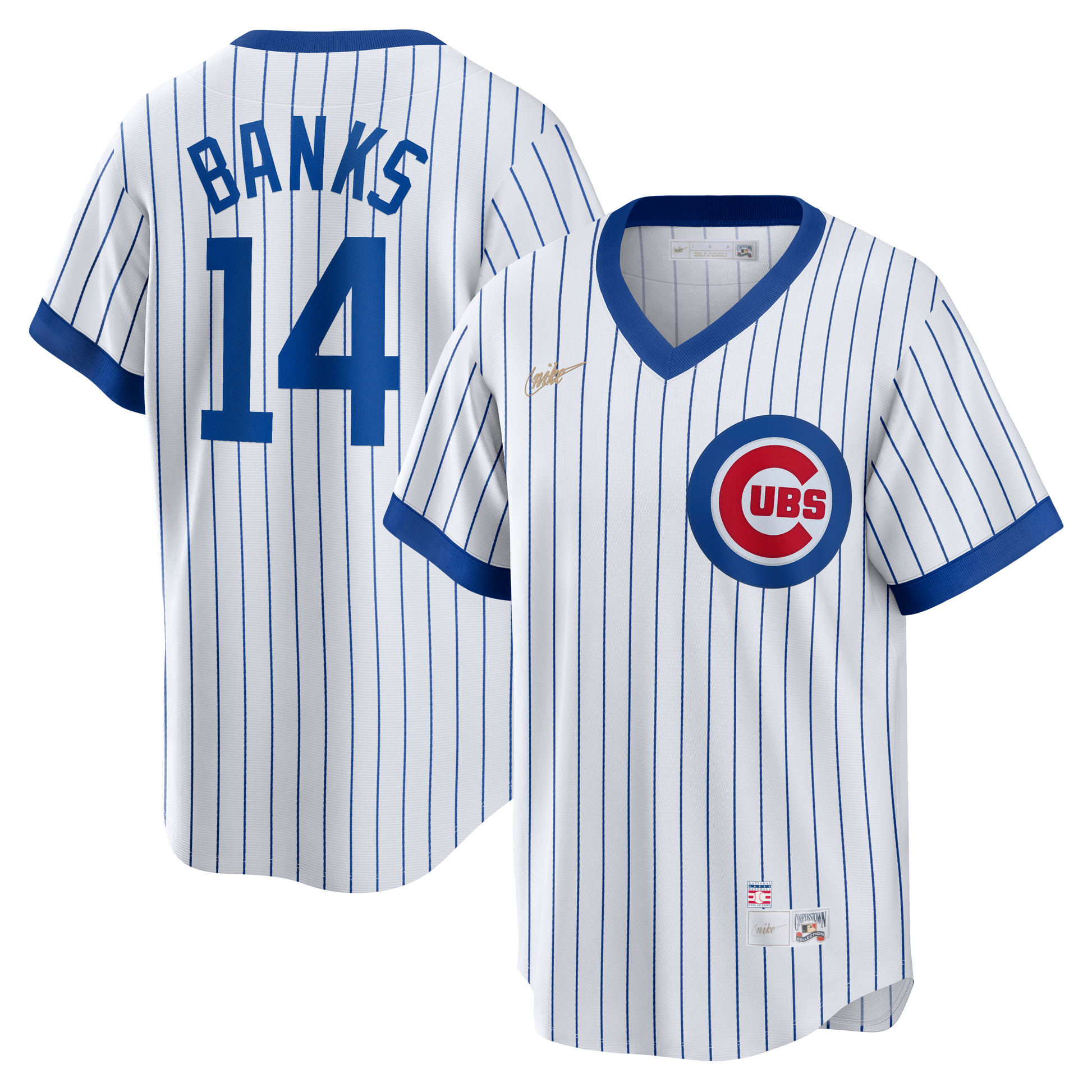 Ernie Banks Chicago Cubs Nike Cooperstown Pinstripe V Neck Jersey