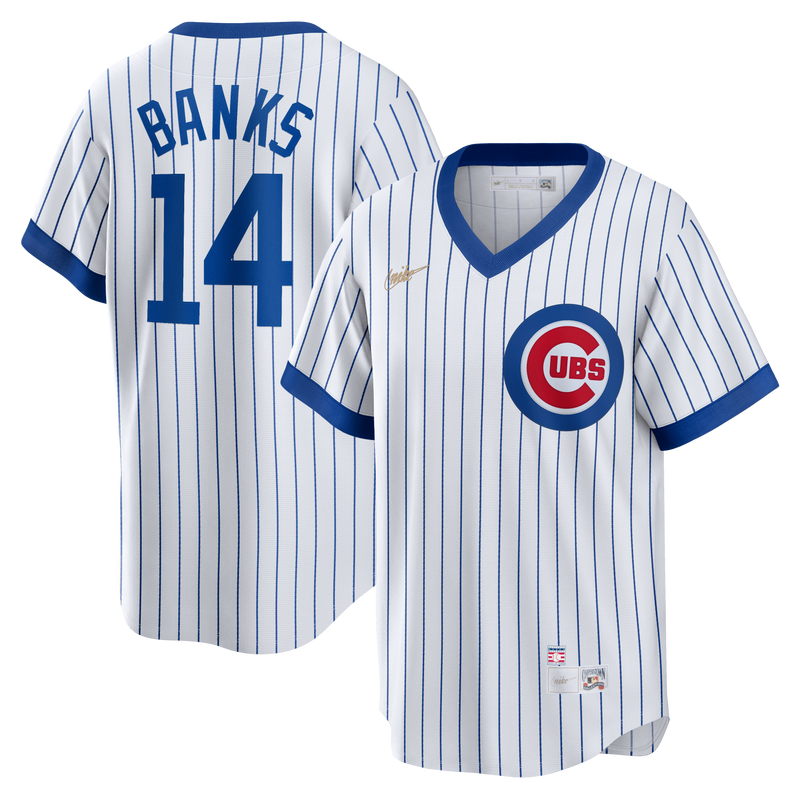 Ernie Banks Chicago Cubs Nike Cooperstown Pinstripe V-Neck Jersey