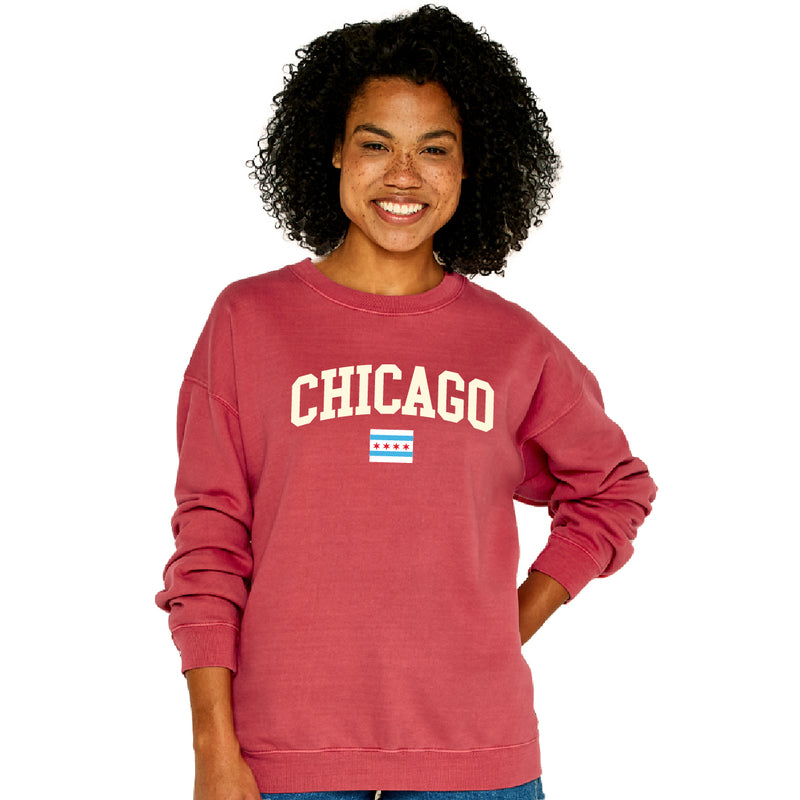 Chicago Crimson Flag Felt Women's Crew Neck Sweatshirt