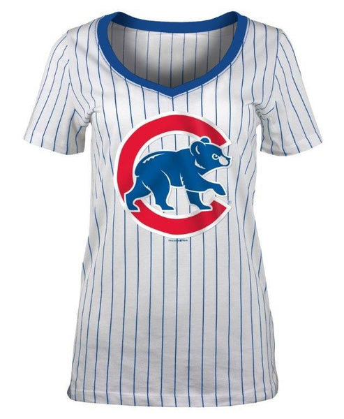 Chicago Cubs Pinstripe Crawl Bear Women's T-Shirt - Clark Street Sports