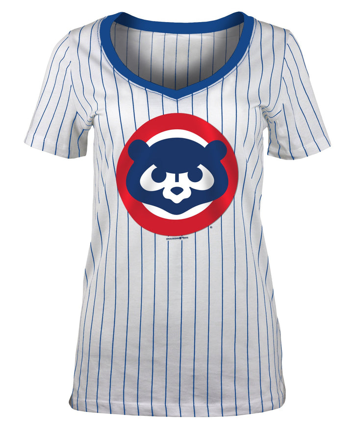 Chicago Cubs V-Neck Pinstripe 1984 Bear Women's T-Shirt - Clark Street  Sports