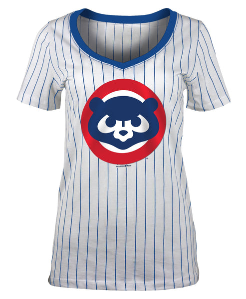 Chicago Cubs V-Neck Pinstripe 1984 Bear Women's T-Shirt - Clark