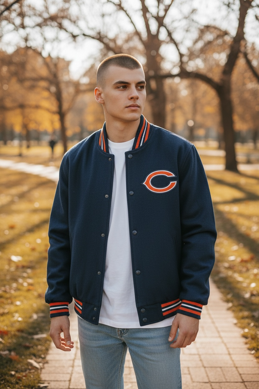 Chicago Bears Navy Classic Orange Collar Reversible Wool Jacket