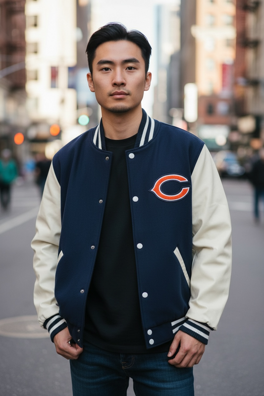 Chicago Bears Navy/White Letterman Reversible Fleece Jacket