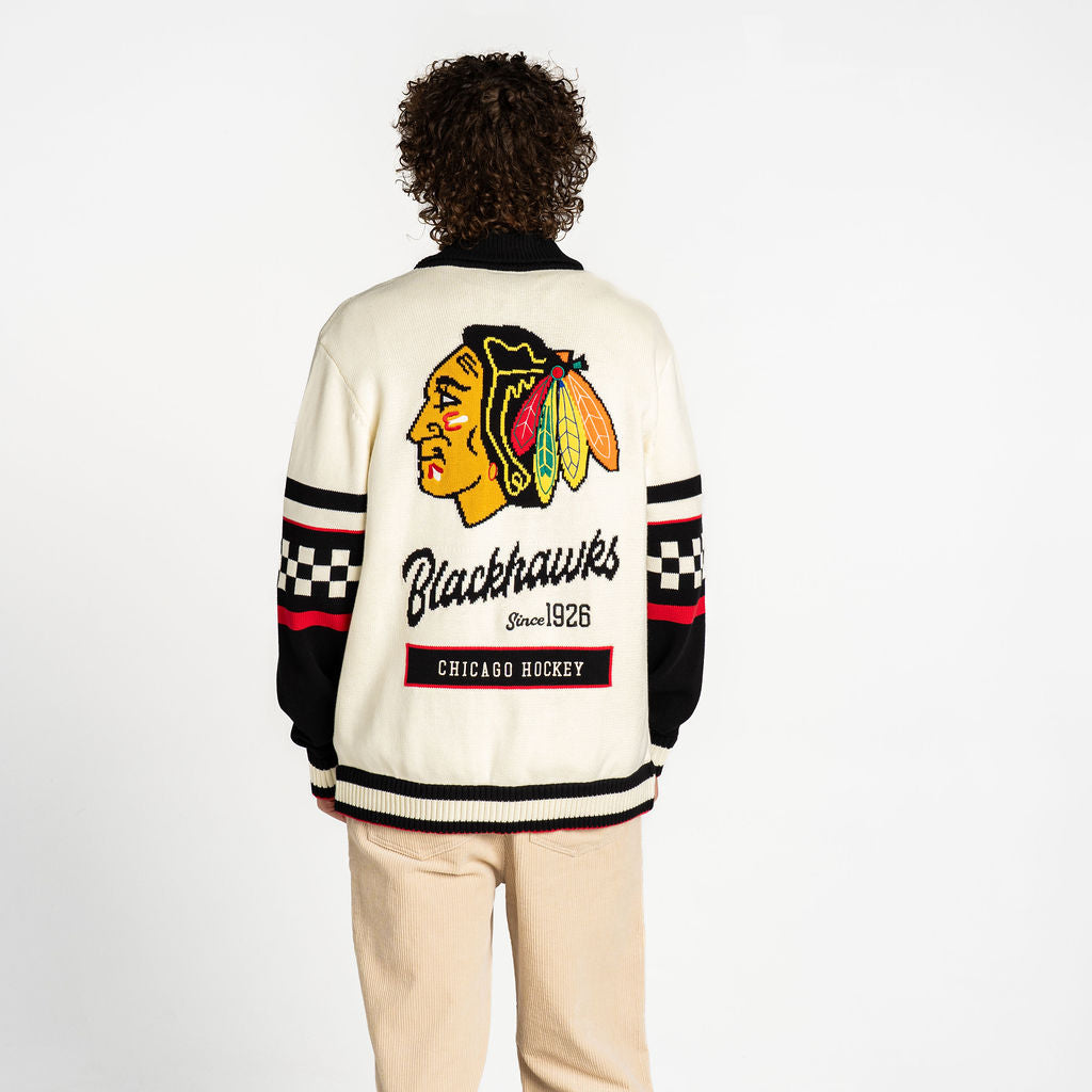 Chicago Blackhawks The Wild Collective Cream/Black Jacquard Full-Button Sweater