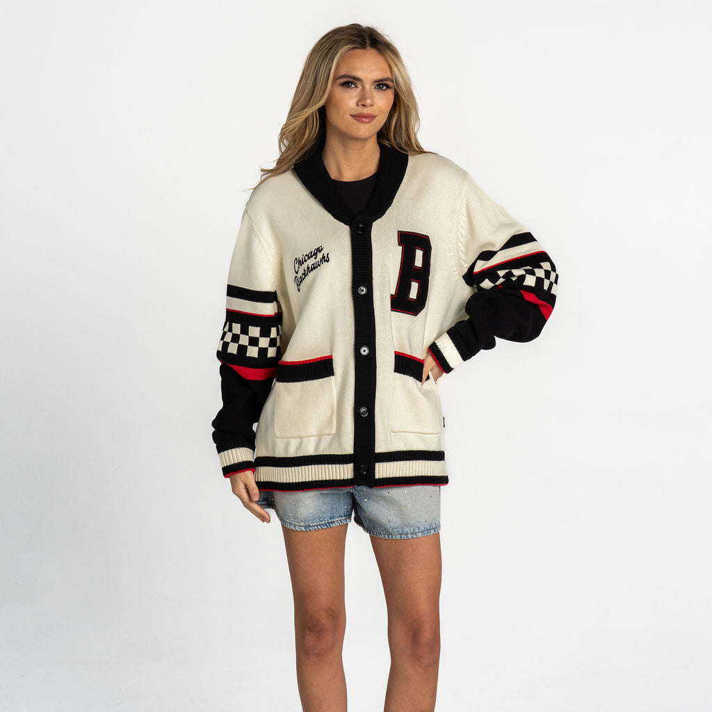 Chicago Blackhawks The Wild Collective Cream/Black Jacquard Full-Button Sweater