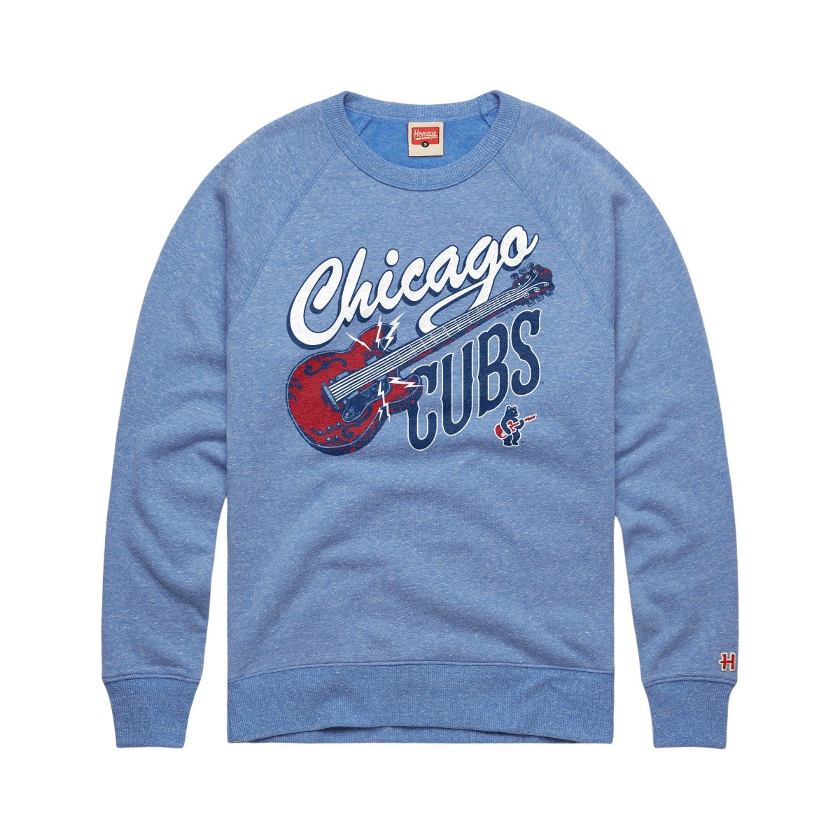 Chicago Cubs Homage Light Blue Guitar Rock Bear Crewneck Sweatshirt