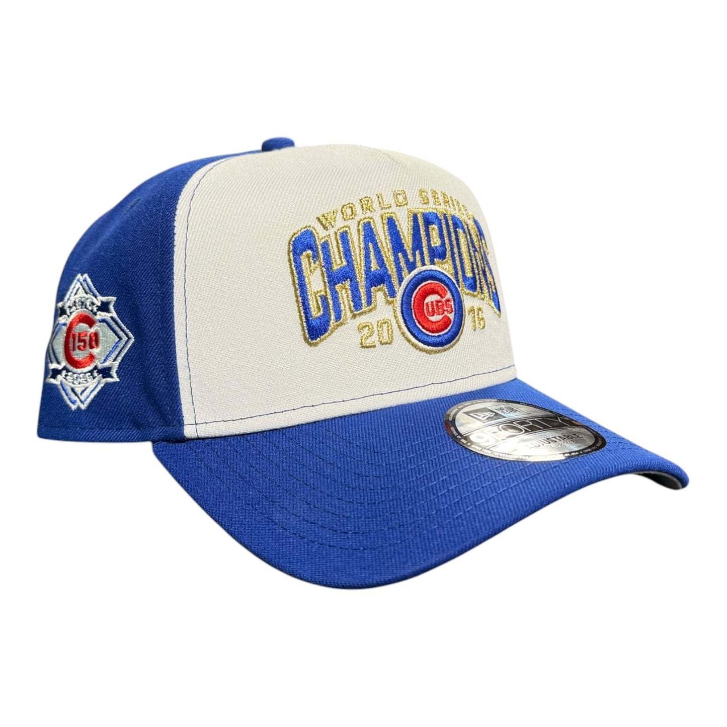Chicago Cubs New Era 9FORTY A-Frame White/Royal 2016 World Series Champions with 150th Anniversary Patch