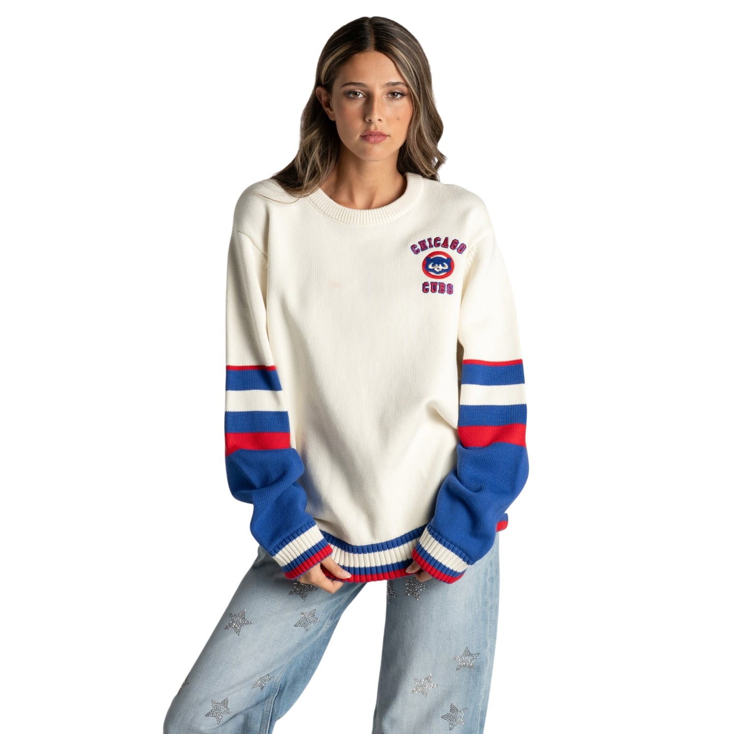 Chicago Cubs The Wild Collective Cream Jacquard Crew Sweater