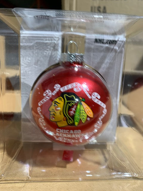 Chicago Blackhawks Candy Cane Glass Ball Ornament