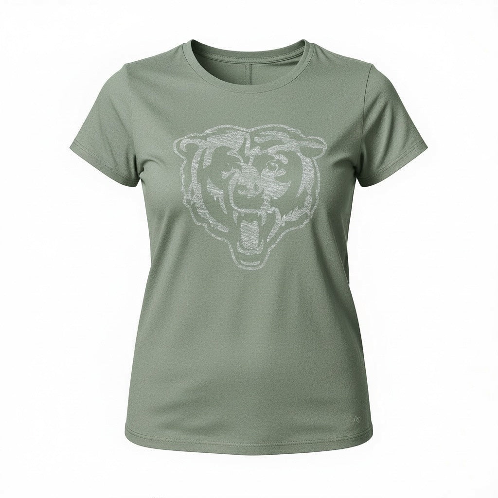 Chicago Bears Women's Olive Fader Letter Crew Tee w/Distressed Bear Head Logo