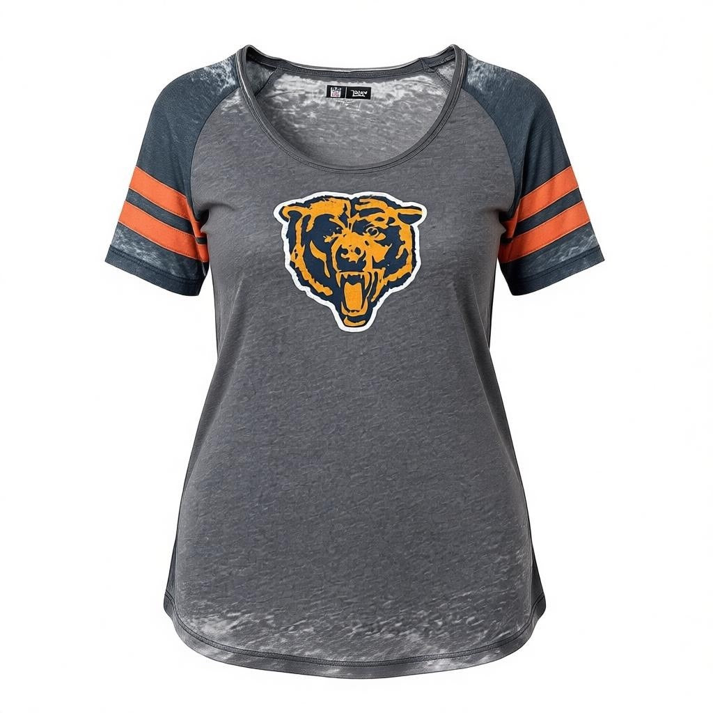 Chicago Bears Women's Grey/Navy Burnout w/ Orange Sleeve Stripe & Bear Face
