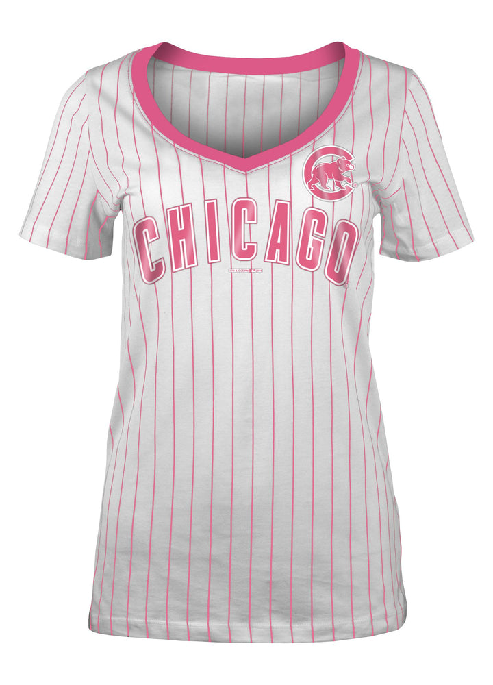 Majestic Chicago Cubs Women's Striped V-Neck T-Shirt