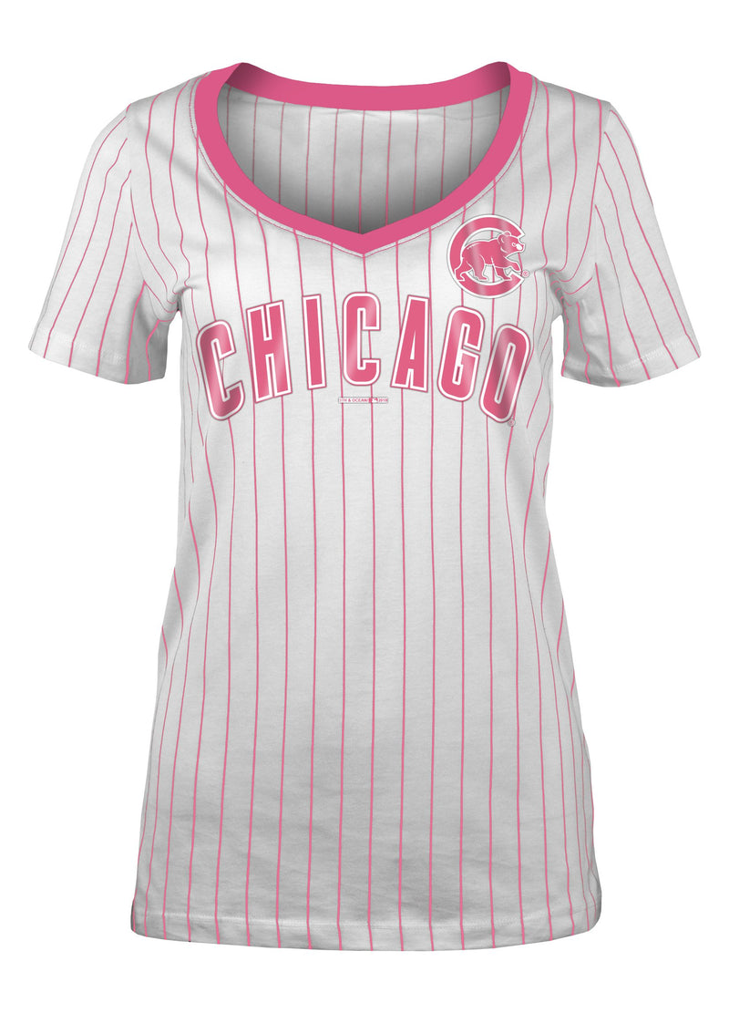 Chicago Cubs Pink Pinstripe V-Neck Women's T-Shirt