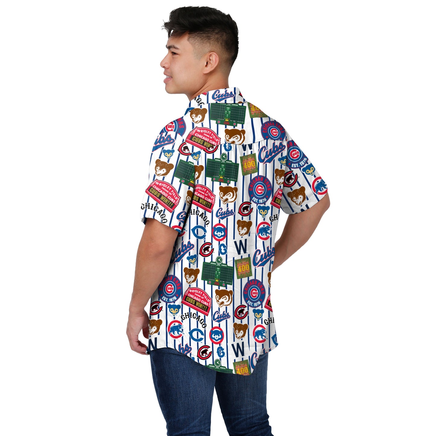 Chicago Cubs Pinstripe Retro Logos Floral Button Up Shirt