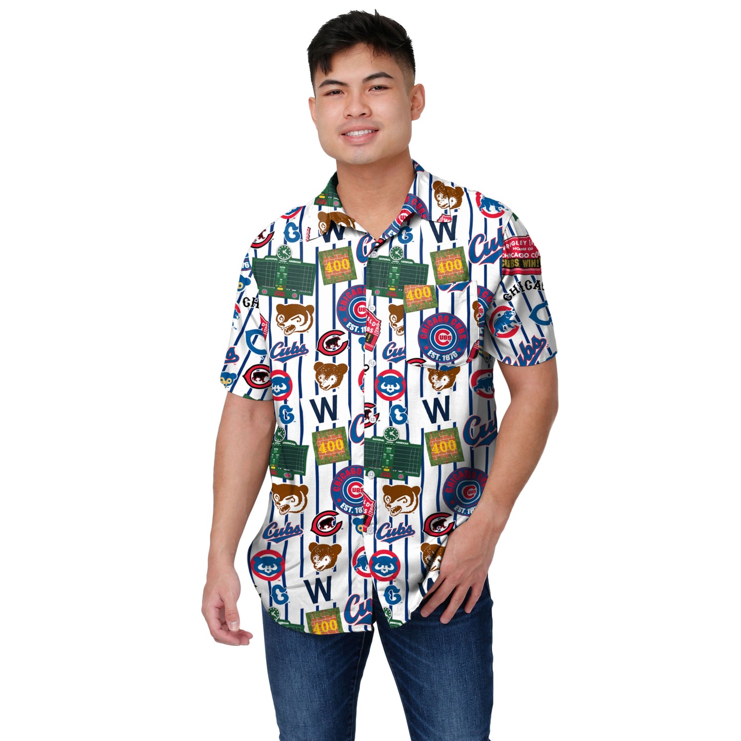 Chicago Cubs Pinstripe Retro Logos Floral Button Up Shirt