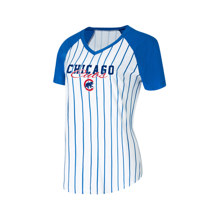 Chicago Cubs Women's Pinstripe Vigor Reel V-Neck Tee - Clark Street Sports