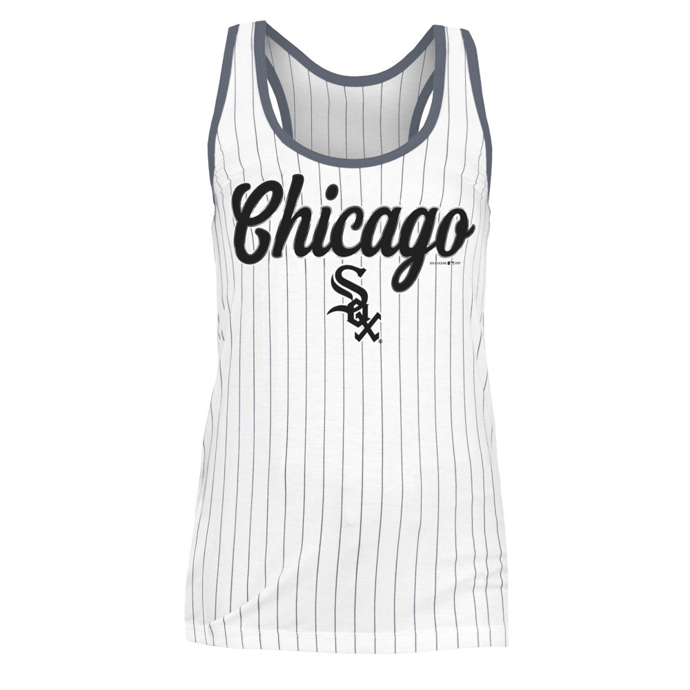 Chicago White Sox Pinstripe Chicago Script Logo Racer Back Women's Tan ...
