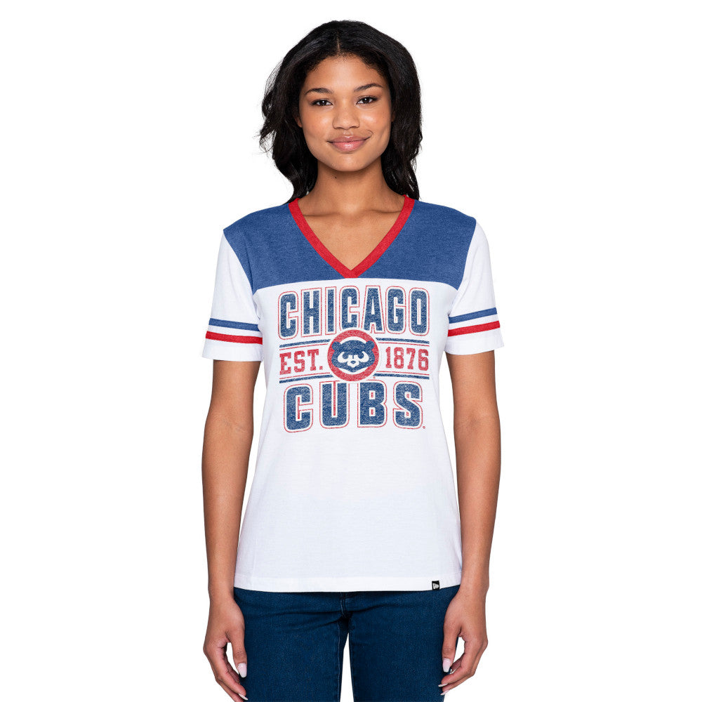Chicago Cubs White Bi-Blend Striped V-Neck Women's T-Shirt