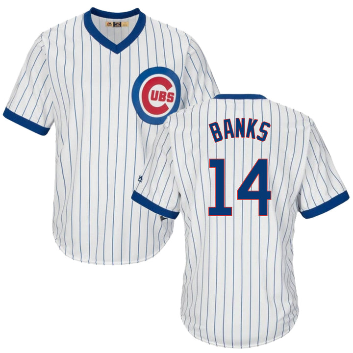 Ernie Banks Cooperstown White Pinstripe V-Neck Home Men's Jersey Small