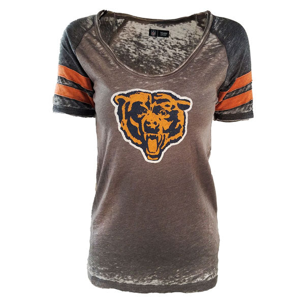 Chicago Bears Women's Grey/Navy Burnout w/ Orange Sleeve Stripe & Bear Face