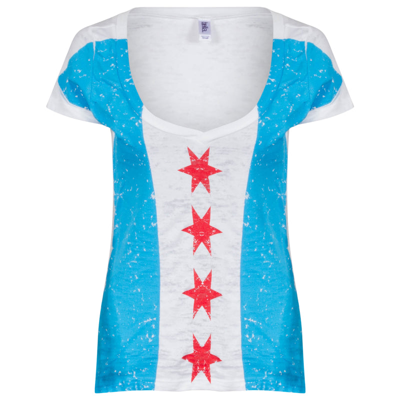 Chicago Women's White Full Body Vertical Chicago Flag V-Neck Tee-Shirt