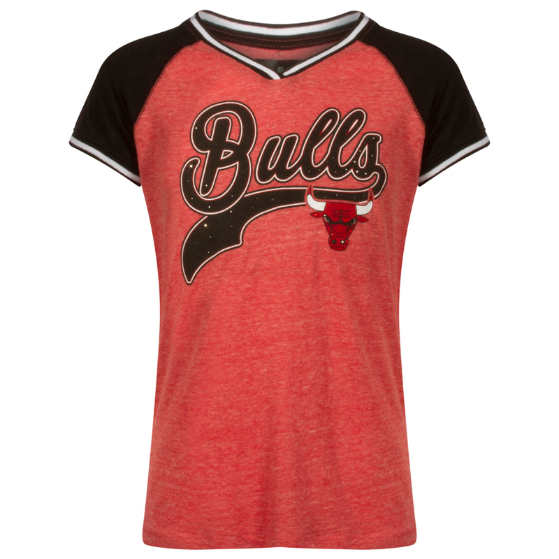 Chicago Bulls Youth Heather Red and Black Rhinestone and Glitter Script Logo V-Neck Tee