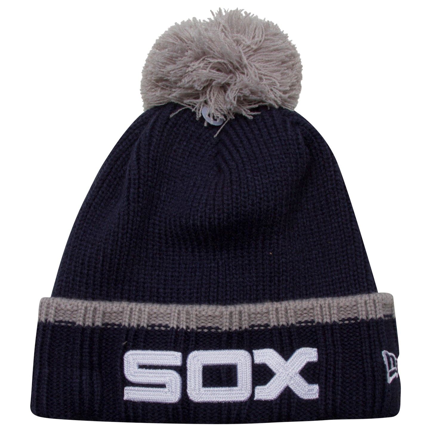 Chicago White Sox Navy and Grey Thick-Stitched Horizontal "Sox" Logo Team Pom Knit Hat