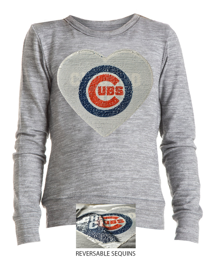 Chicago Cubs Youth Bling Heart Grey Space Dye Knit Pullover with Bullseye Sequin Art