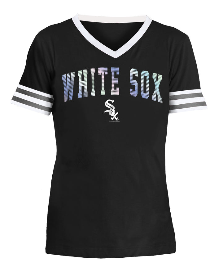 Chicago White Sox Youth Black w/ Striped Arm Band V-Neck Foil Current Logo Tee