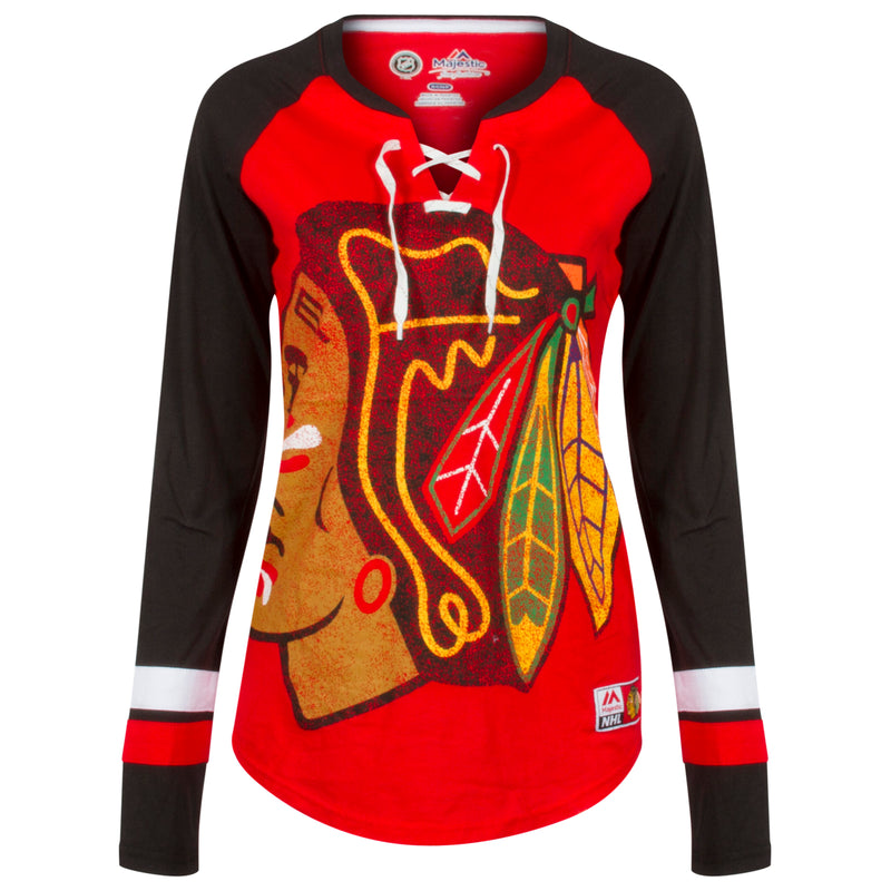 Chicago Blackhawks Women's Red and Black Oversized Distressed Logo Lace-Up Collar Long Sleeve Shirt
