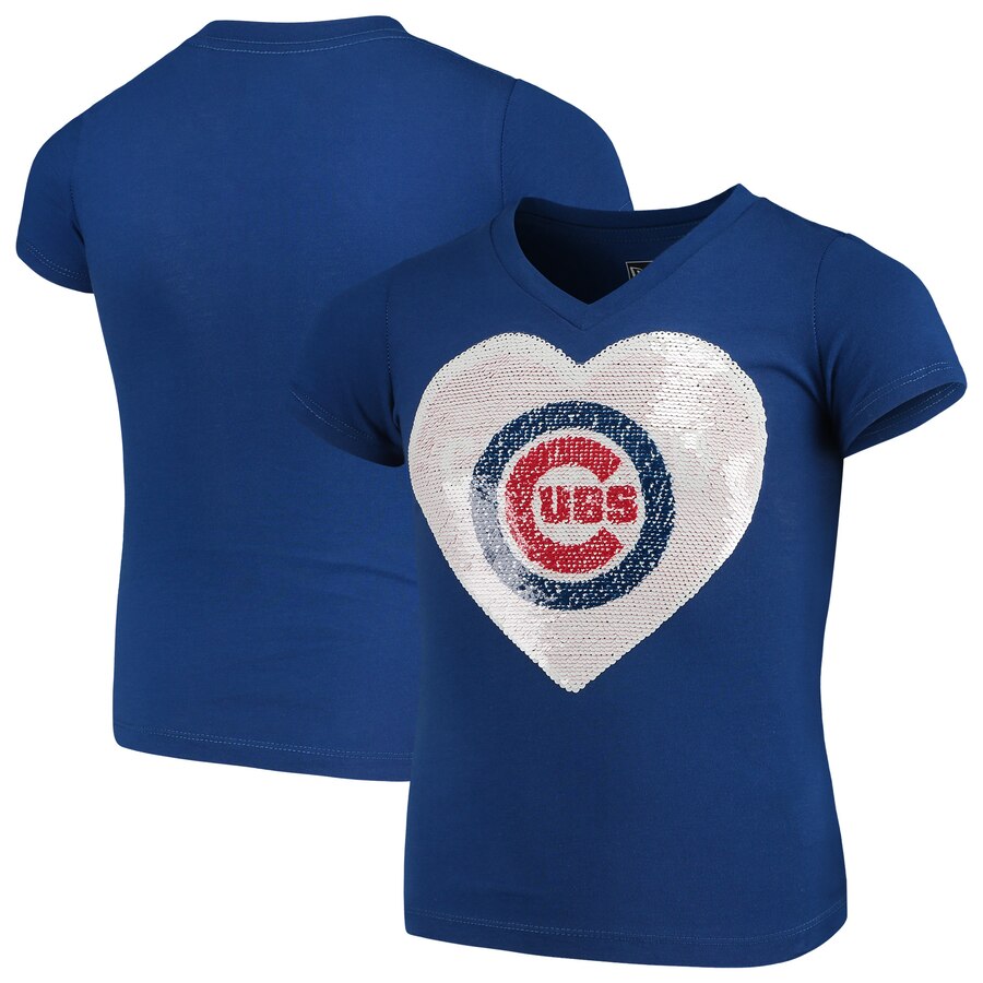 Chicago Cubs Youth Royal Heart Sequins Flip Tee