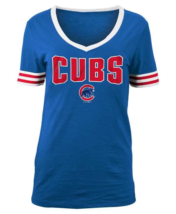 Chicago Cubs Women Royal V-Neck W/ Red & White Sleeve Bands Walking Bear Tee