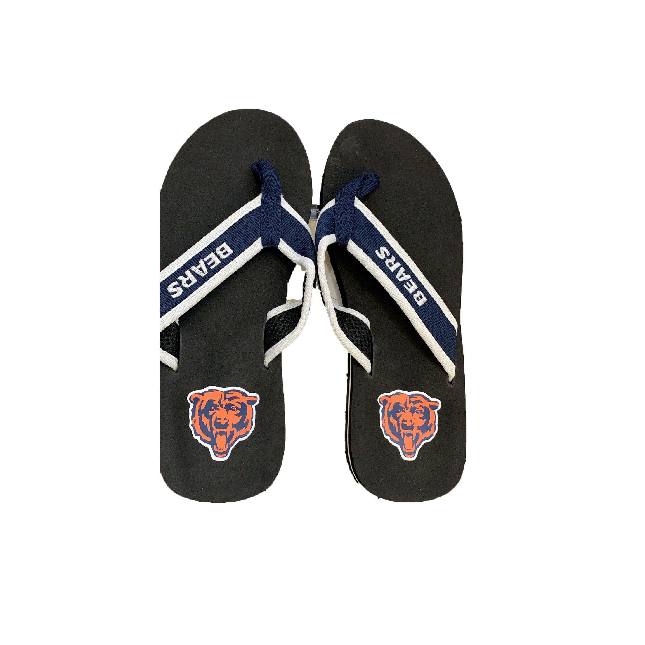 Chicago Bears Black w Bearhead Navy White Strap Flips Flops