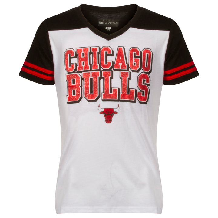 Chicago Bulls Youth White and Black Glitter Block Text and Angry Bull Face Logo Tee
